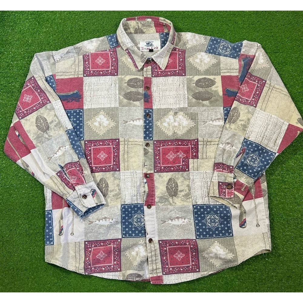 VTG True Grit Button Up M Patchwork Bandana Print Baggy Fit 80s 90s Western USA